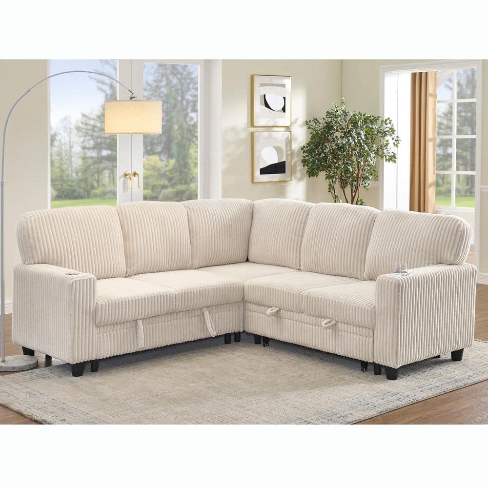 Theodora 81 in. Corduroy Upholstery L-Shaped Sofa in Beige with Pull-Out Bed, USB Charging, Convertible Design price history on PriceWatchPro