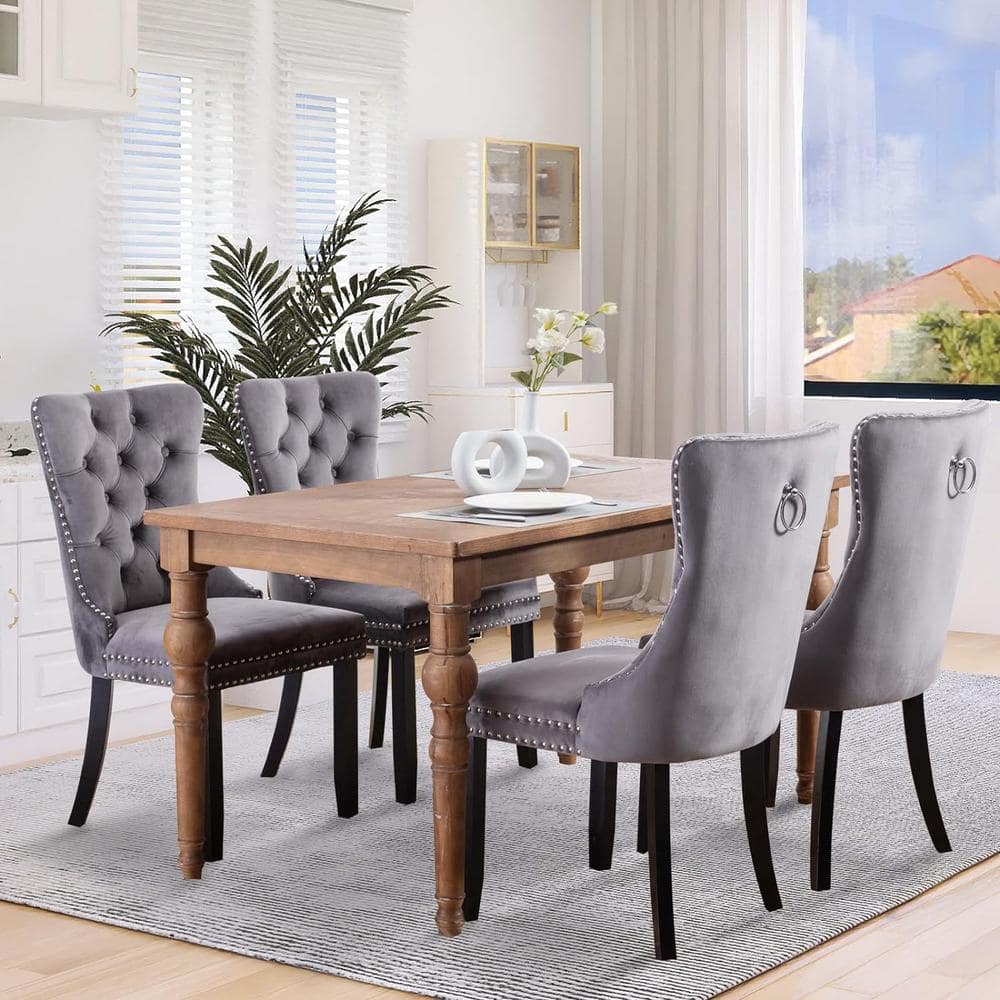 Gray Velvet Upholstered High Back Parsons Side Chair with Wood Legs