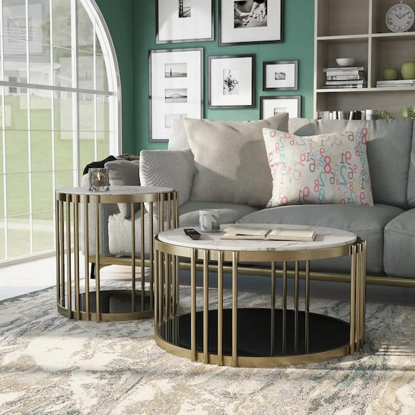 Reviews for Home Decorators Collection Cheval 2-Piece 30 in. Gold/Glass  Medium Round Glass Coffee Table Set with Nesting Tables