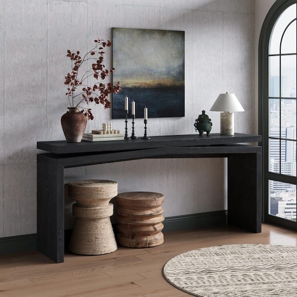 Farmhouse 64.96 in. Black Rectangle Wood Entryway Console Table for Living Room, Hallway, Behind Couch, Apartment