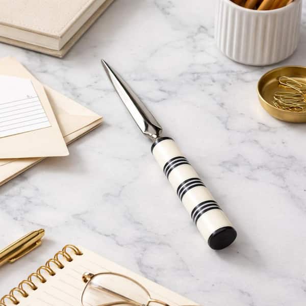 White/Black 9 in. x 1 in. Resin and Stainless Letter Opener with Lined Handle