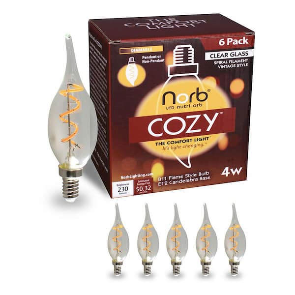 NorbCOZY 4W Equivalent Clear B11 Dimmable Warm White (Less Than 2700K) Spiral Edison LED Light Bulb (6-Pack)