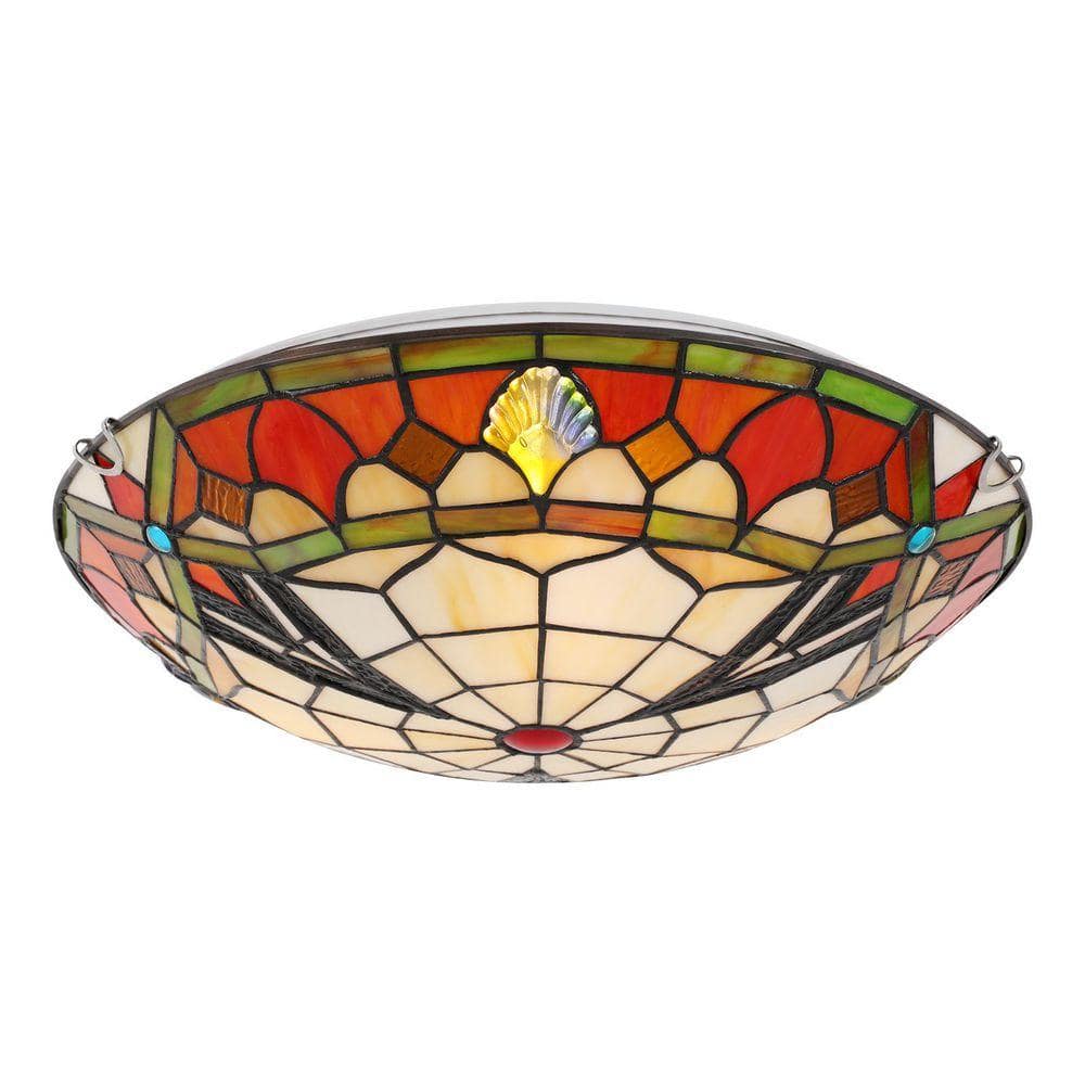 OUKANING 15.7 in. 3-Light Multicolored Mosaic Tiffany Flush Mount