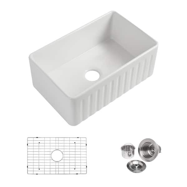 RAINLEX Fireclay 30 in. L x 18 in. W Farmhouse/Apron Front Single Bowl Kitchen Sink with Grid and Strainer