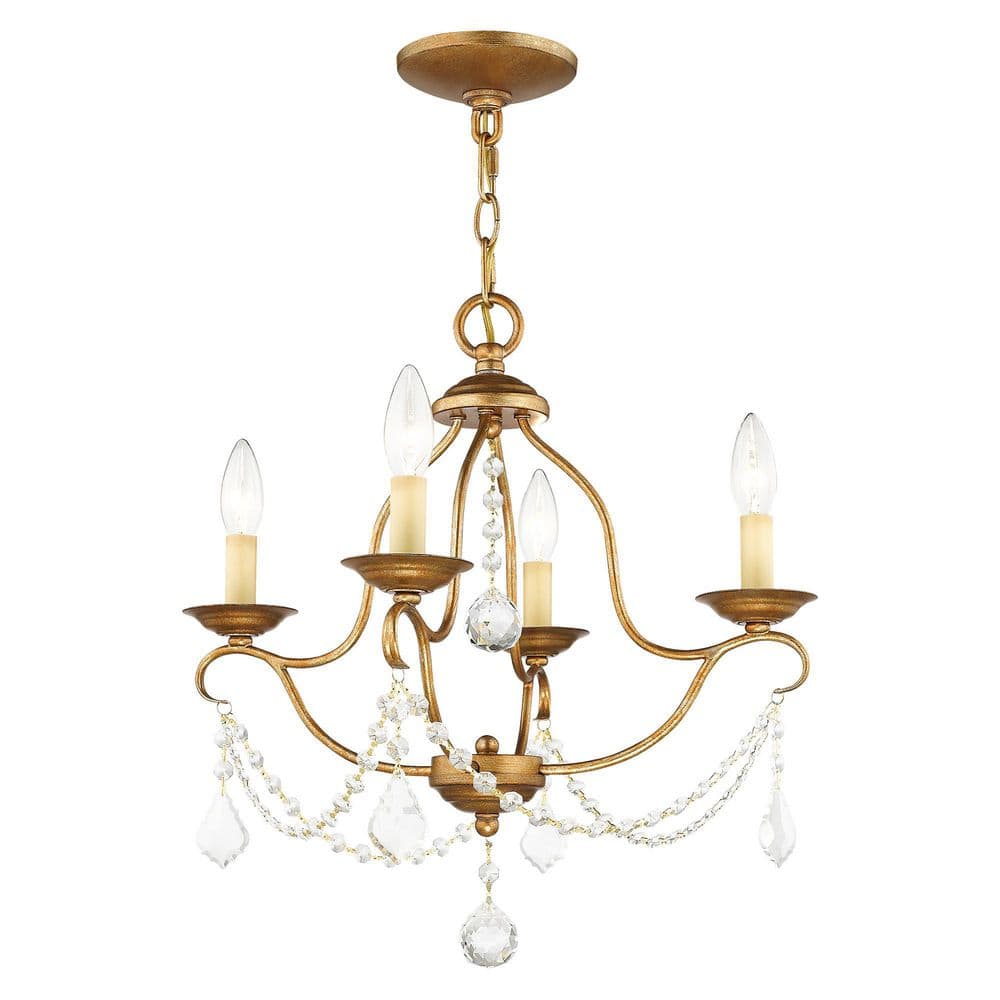 Antique Gold Leaf Brass Mini 4-Light Chandelier with Crystal Accents