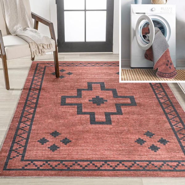 JONATHAN Y Korsa Geometric Medallion Machine-Washable Red/Black 5 ft. x 8 ft. Area Rug
