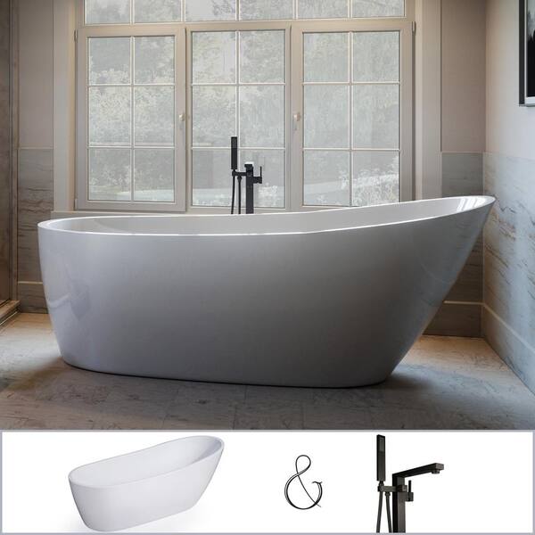 PELHAM & WHITE W-I-D-E Series Wakefield 69 in. Acrylic Slipper Freestanding Tub in White, Floor-Mount Square-Post Faucet in Matte Black
