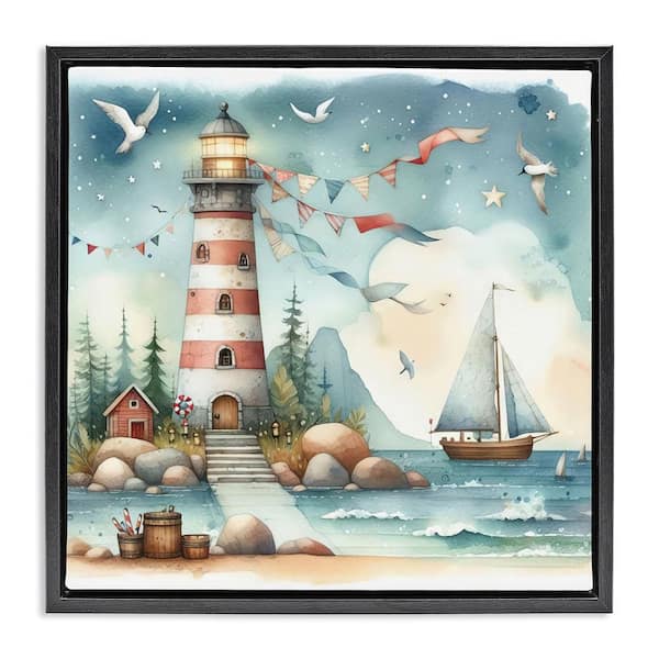Stupell Industries Whimsical Lighthouse & Birds by LSR Design Studio Black Floater Frame Coastal Graphic Art Print 25 in. x 25 in.