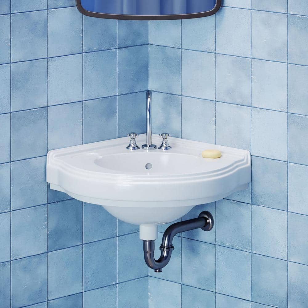 White Ceramic Corner Wall-Mount Vessel Sink with Overflow