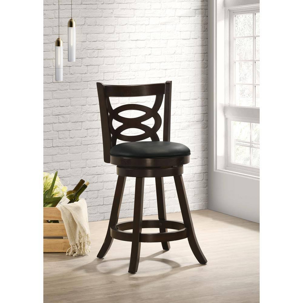 Elegante Swivel 37.5" Black Leather and Wood Counter Stool