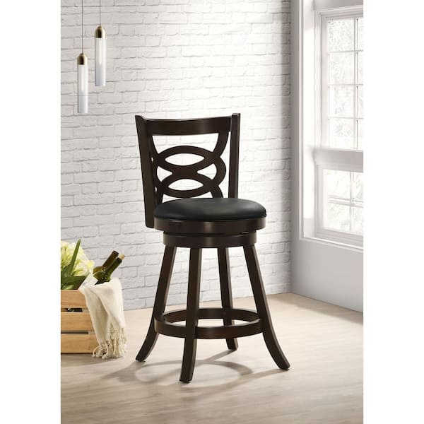 24.5 in. Cappuccino and Black High Back Wood Frame Swivel Counter Stools with Faux Leather Seat (Set of 2)