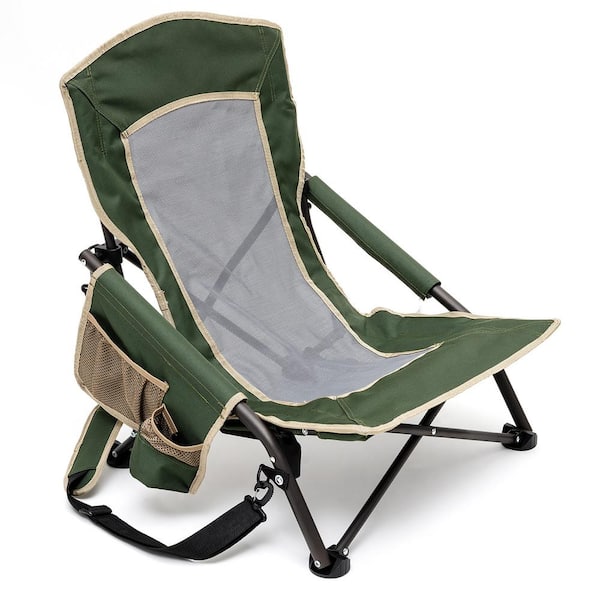 Clihome Outdoor Metal Frame Green Folding Beach Chair with Side Pocket