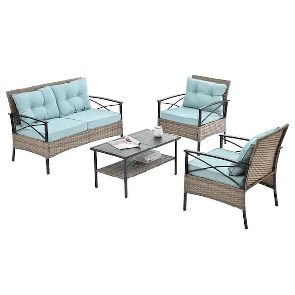 4 Set PE Wicker Furniture Outdoor Sectional sofe Patio Furniture With Black Metal Table and Blue Cushions