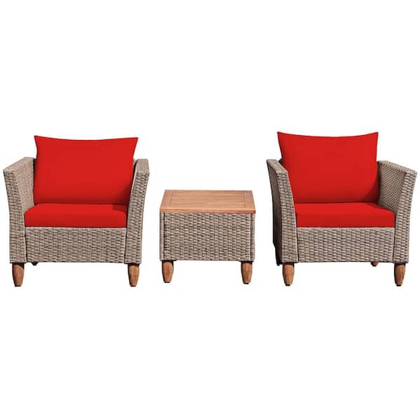 Costway 3-Piece Red Rectangular Wood 16 in. Outdoor Bistro Table Set with Red Cushion