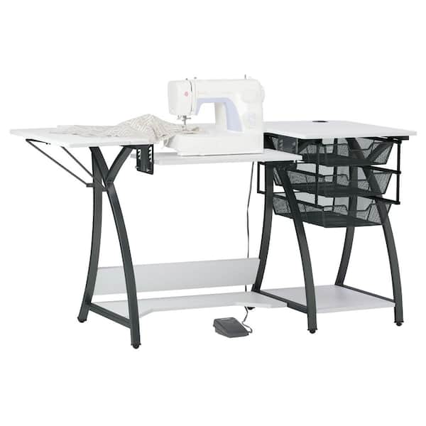 Pro Stitch 56.75 in. W PB Craft Sewing Table with Metal Mesh Drawers, Drop-Down Platform in Charcoal/White