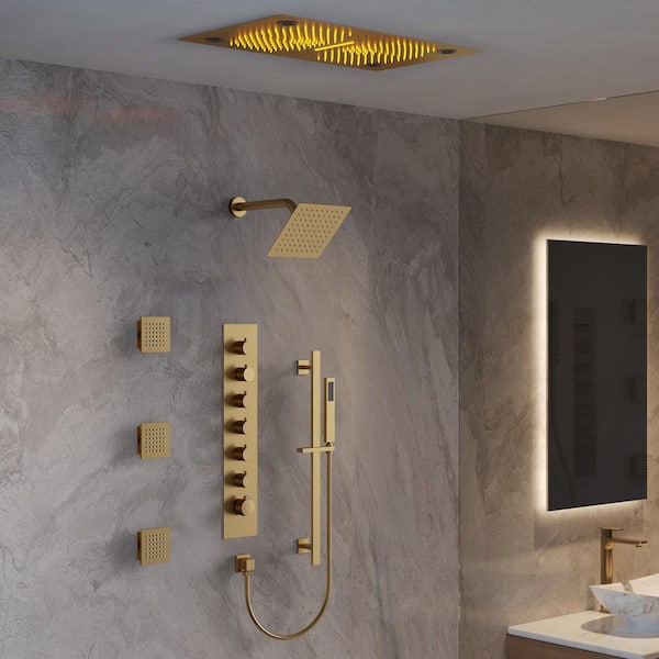 AuroraSymphony LED Bluetooth 6-Spray Ceiling Mount 28 and 10 in. Dual Showers 3-Jet Handheld 2.5 GPM in Brushed Gold