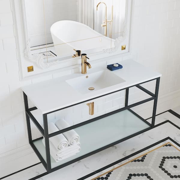 Pierre 48 in. Single, Metal Frame, Open Shelf, Bathroom Vanity in Black, Vanity Top in White with White Basin