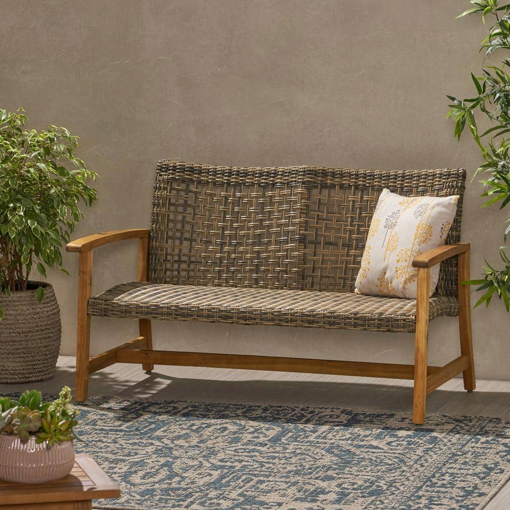 Natural Acacia Wood and Gray Wicker Handwoven Loveseat