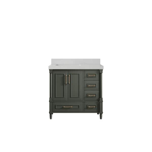 Willow Collections Hudson 36 in. W x 22 in. D x 36 in. H Left Offset Sink Bath Vanity in Pewter Green with 2 in Carrara Quartz Top