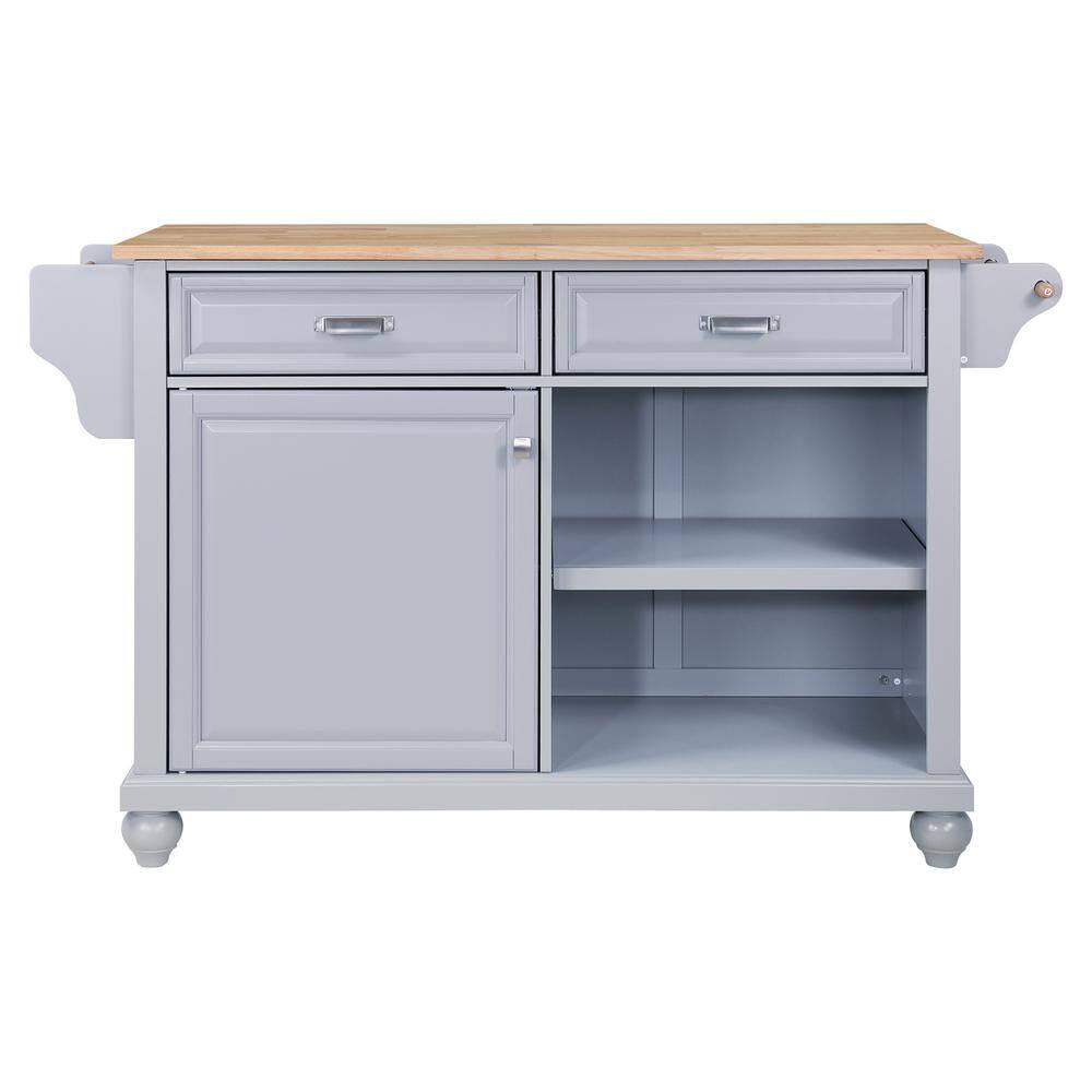 Gray Natural Wood Kitchen Cart with Drop Leaf and Spice Rack