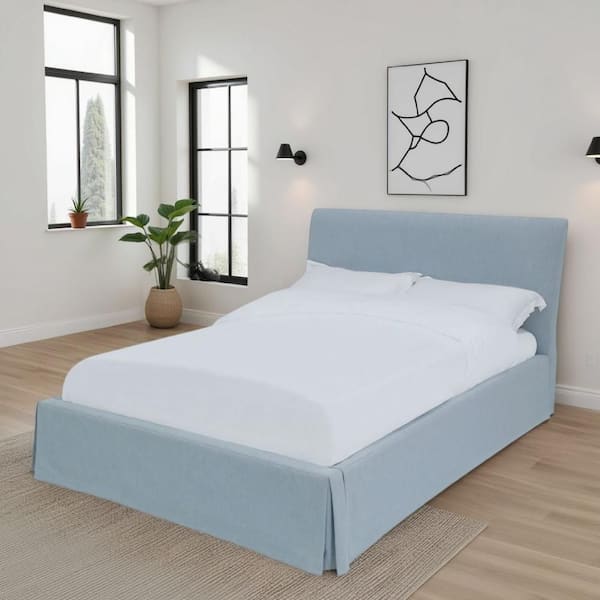 Benjara Kayla Gray Wood Frame Queen Size Panel Bed with Skirted Base and Storage