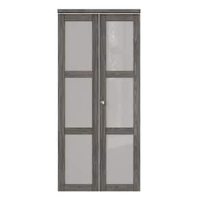 36 in. x 80 in. 3-Lite Tempered Frosted Glass Solid Core Dark Walnut MDF Bi-Fold Door with Hardware Kit