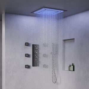 RBG LED with Thermostatic Valve 7-Spray Ceiling Mount 20 in. Dual Fixed and Handheld Shower Head 2.5 GPM in Matte Black