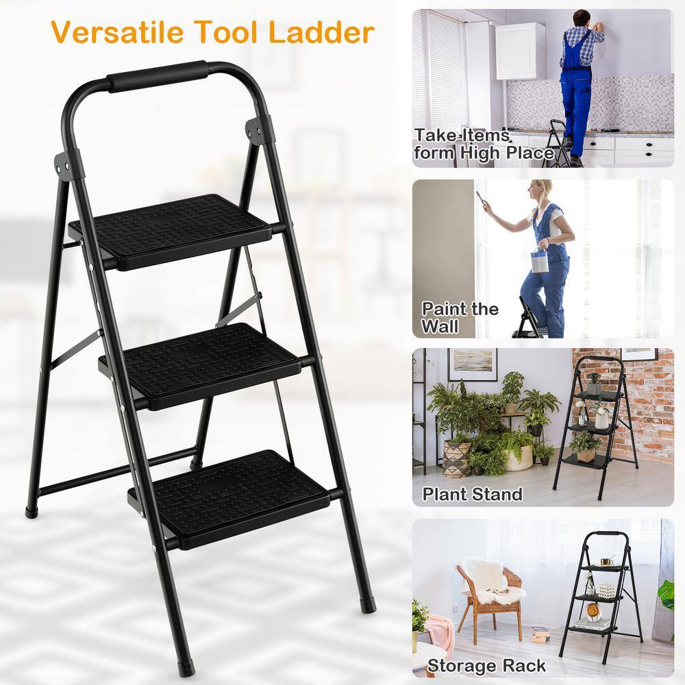 Black Metal Folding 3-Step Ladder with Anti-Slip Pedals