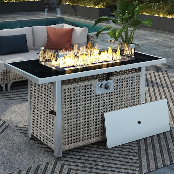 Unbranded Grey Rectangular Wicker 60000 BTU Propane Gas Fire Pit Table with Glass Wind Guard for Outside Patio Deck