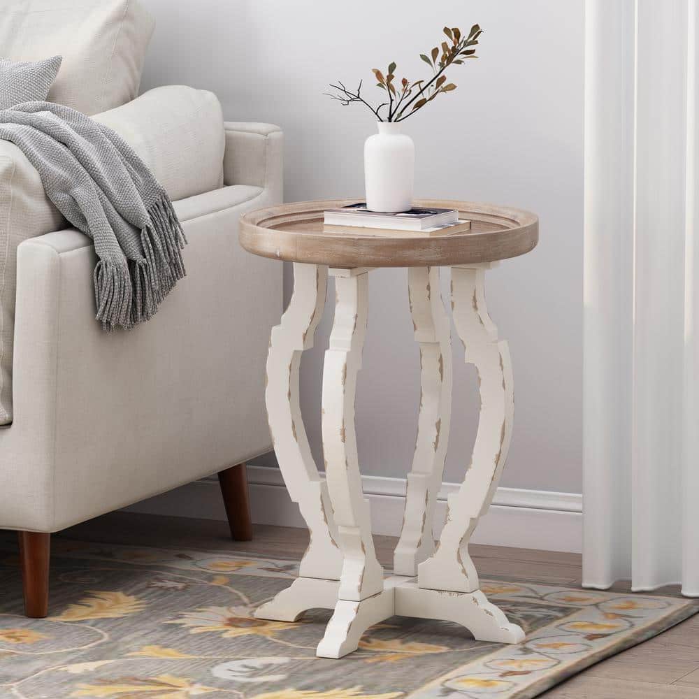 Elegant French Country Round Wood Accent Table in Distressed White