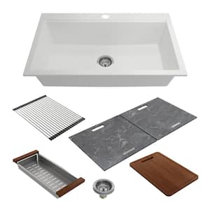 Baveno Lux Milk White Granite Composite 34 in. Single Bowl Drop-In/Undermount Kitchen Sink w/Integrated WS and Covers