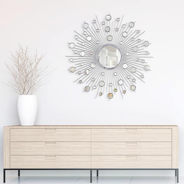 Medium Sunburst Silver Hooks Modern Mirror (36 in. H x 36 in. W)