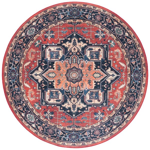 Orlando 7 ft. x 7 ft. Round Rust/Blue Persian Heriz Medallion Washable Area Rug