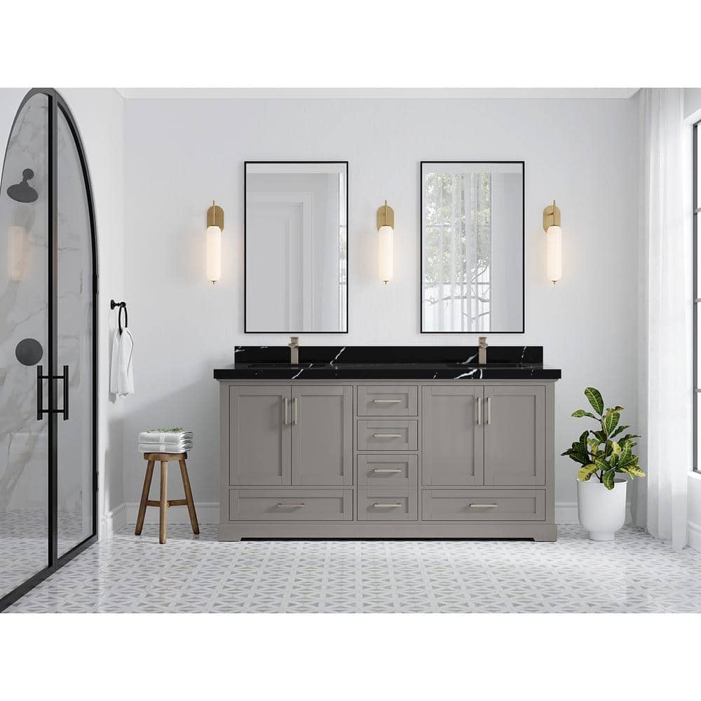 72 in Gray Double Sink Bathroom Vanity with Black Quartz Top