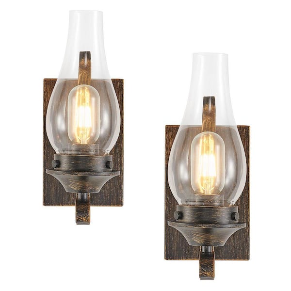 4.7 in. 1-Light Bronze Hardwired Wall Light Fixture Rustic Farmhouse Wall Sconce with Clear Glass Shade (2-Pack)