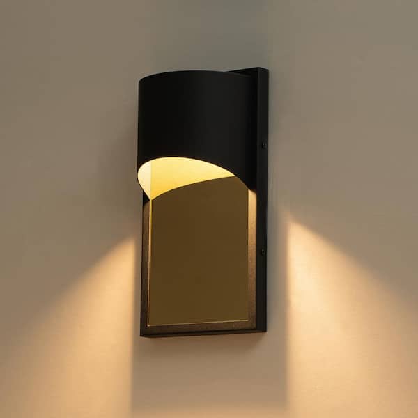 C Cattleya 11.5 in. Modern Matte Black Integrated LED Outdoor Hardwired Wall Light with Gold Stainless Steel Plate Accent