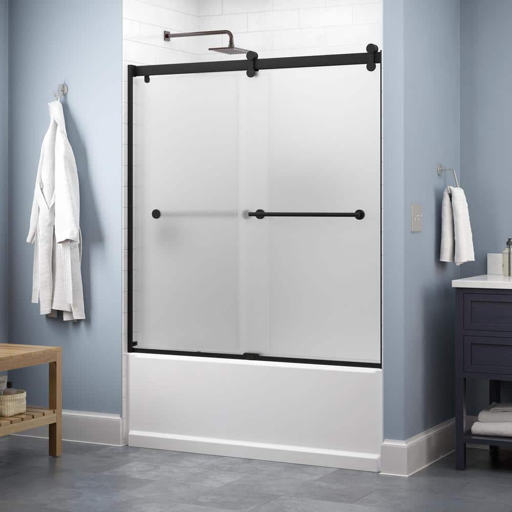 Delta Contemporary 60 in. x Sliding SD5331544 Matte Black Frameless Bathtub Glass with Door The in Depot Tempered 58-3/4 1/4 in. Home Frosted - in