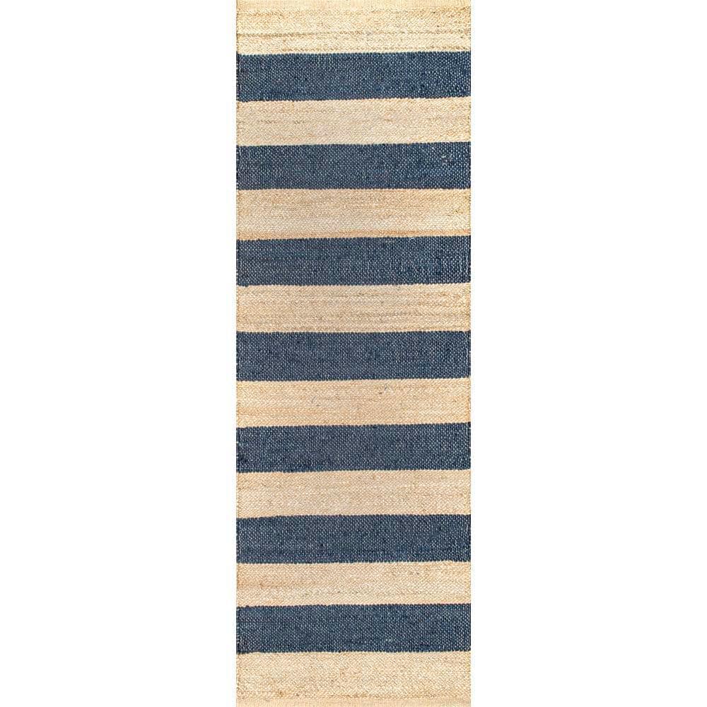 Denim Blue Striped Reversible Flat Woven Jute Runner Rug, 2' 6" x 8'