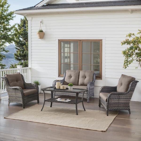 Arcline 4-Piece Gray Wicker Patio Conversation Set with Olefin Gray Cushions and Lounge Chairs/Loveseat
