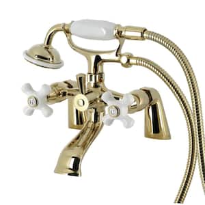 Kingston 3-Handle Deck-Mount Clawfoot Tub Faucet with Hand Shower in Polished Brass