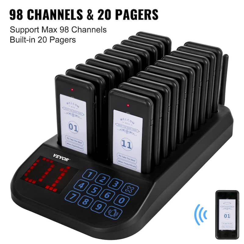 F103 Wireless Calling System 20 Pagers Max 98 Channel Touch Keyboard Restaurant Pager System for Church, Hospital, Hotel