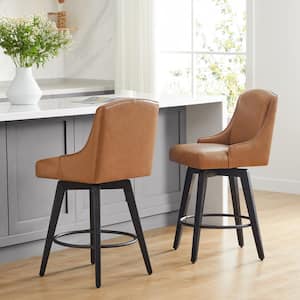 Sean 26 in. Saddle Brown High Back Solid Wood Frame Swivel Counter Height Bar Stool with Faux Leather Seat (Set of 2)