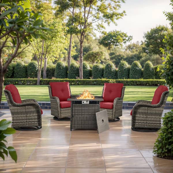 moosprr Gray 5-Piece Wicker Outdoor Dining Set with Olefin Red Cushions Fire Pit Sets with Swivel Gliders for Patio