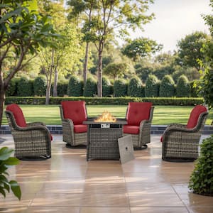 Gray 5-Piece Wicker Outdoor Dining Set with Olefin Red Cushions Fire Pit Sets with Swivel Gliders for Patio