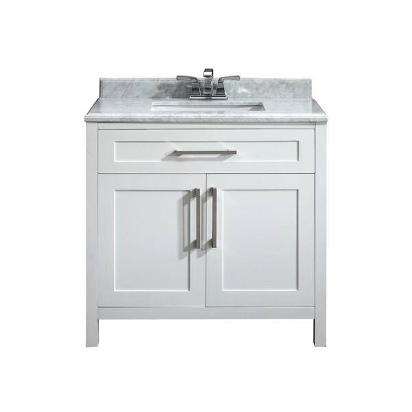 Photo 1 of *Door Damaged* Santa Monica 36 in. W x 21 in. D Vanity in White with a Marble Vanity Top in White with White Basin