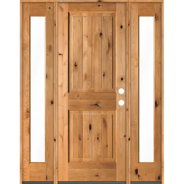 Krosswood Doors 58 in. x 80 in. Rustic Knotty Alder Square Clear Stain Wood V-Groove Left Hand Single Prehung Front Door/Full Sidelites