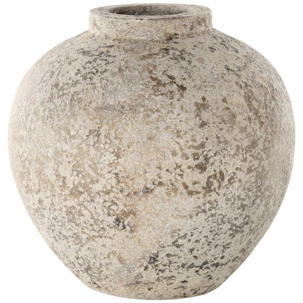 Litton Lane Handmade Antique Style Round Ceramic Decorative Vase with Textured Distressing, Cream