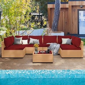 Yellow 7-Piece Wicker Patio Conversation Seating Set with Red Cushions