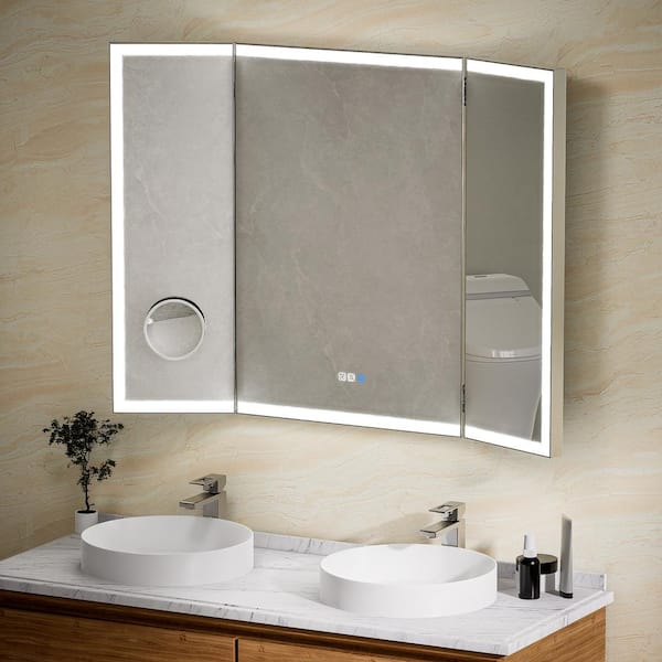 48 in. W x 36 in. H Rectangular Framed Tri-Fold LED Dimmable Defog Wall Bathroom Vanity Mirror in Silver with Magnifier