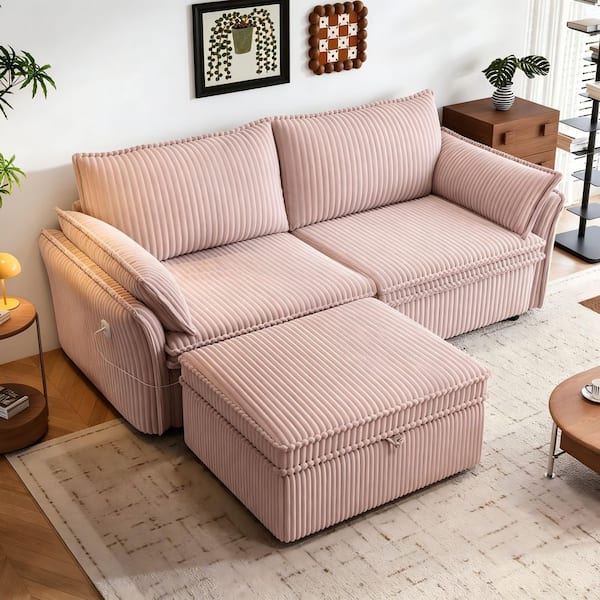 Tero Modern 85 in. Pink Corduroy Fabric Upholstered Queen Size Convertible Sofa Bed with Storage Ottoman